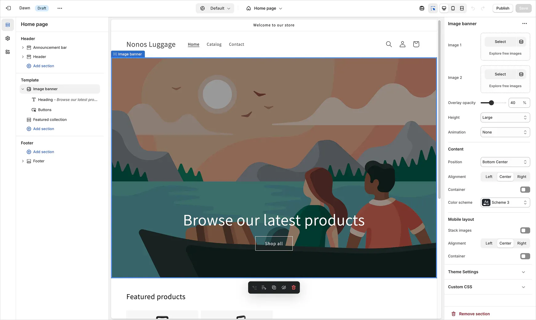 Shopify theme editor with a section-based structure