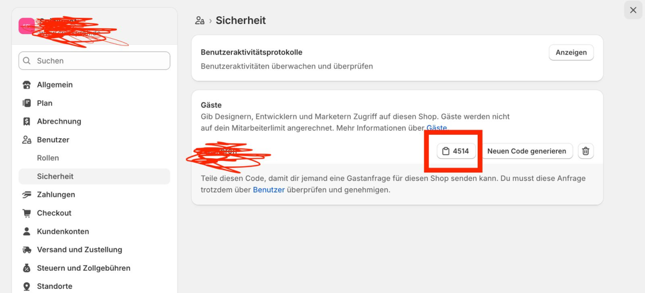Shopify Gäste-Code Einstellungen