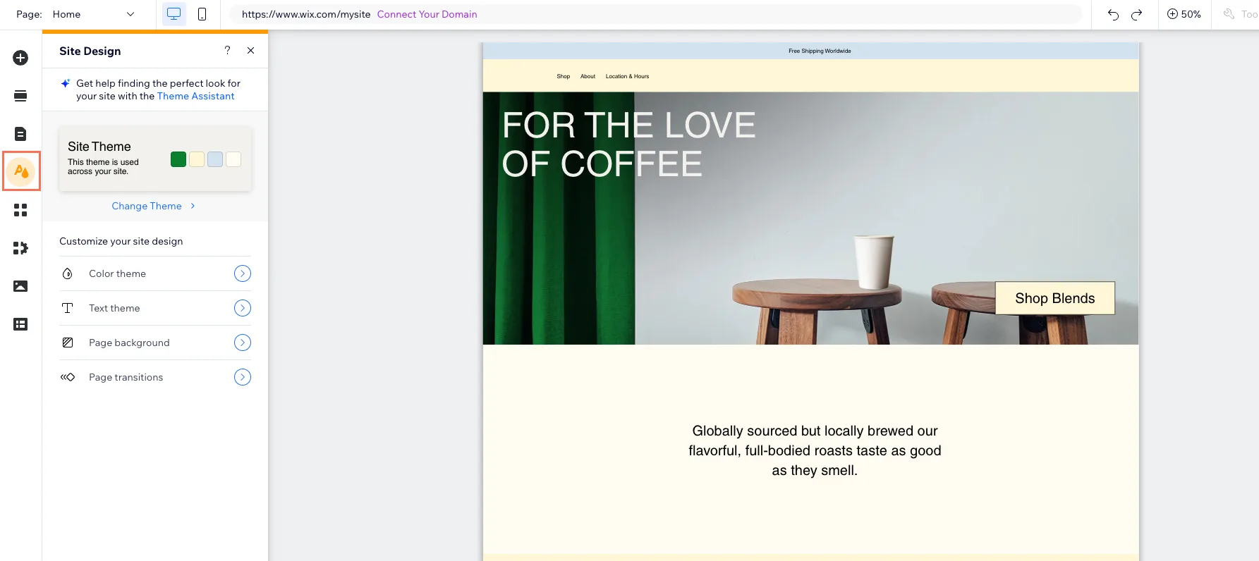 Wix Editor mit Site-Design-Panel und Shop-Vorschau