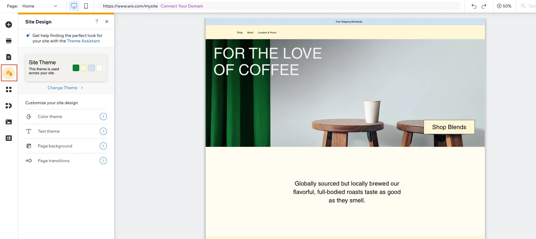 Wix editor with site design panel and shop preview