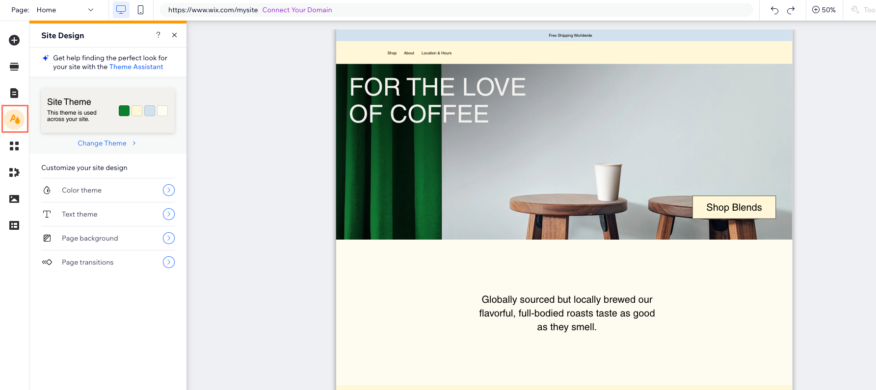 Wix Editor mit Site-Design-Panel und Shop-Vorschau